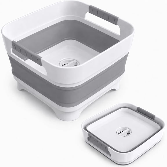 Collapsible Dish Basin with Drain Plug, 2.4 Gal 9L Foldable Wash Basin, Portable Sink Tub for Kitchen, Camping, RV, Vegetable Washing and Beverage Tub, Gray