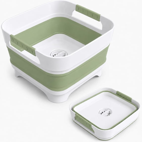 Collapsible Dish Basin with Drain Plug, 2.4 Gal 9L Foldable Wash Basin, Portable Sink Tub for Kitchen, Camping, RV, Vegetable Washing and Beverage Tub, Gray