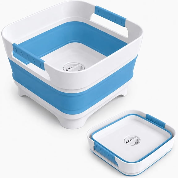 Collapsible Dish Basin with Drain Plug, 2.4 Gal 9L Foldable Wash Basin, Portable Sink Tub for Kitchen, Camping, RV, Vegetable Washing and Beverage Tub, Gray