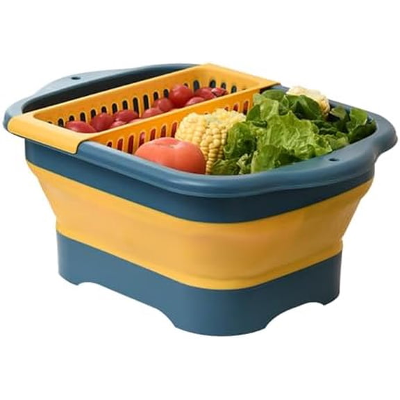 Collapsible Dish Basin with Portable Sink, 11L(2.91 Gallon) Collapsible Bucket with Drain Plug, Foldable Sink Tub Dishpan Wash Basin for Vegetable Washing Camping RV Kitchen (Blue)