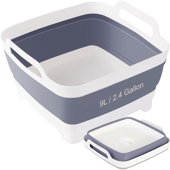 Collapsible Dish Basin & Sink Tub with Drain Plug – 2.4 Gal Bottle Wash Basin, Bottle Washing Bin for RV, Camping, Kitchen | Collapsible Water & Bottle Basin (Grey)