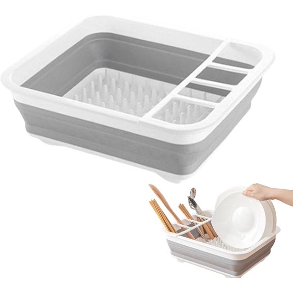 Collapsible Dish Drainer Rack, Foldable Kitchen Drying Rack with Utensil Holder for Countertop, Sink, RV, Camper and Camping