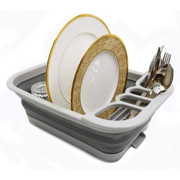 Collapsible Dish Drainer with Drainer Board - Foldable Drying Rack Set - Portable Dinnerware Organizer - Space Saving Kitchen Storage Tray (1, Grey)