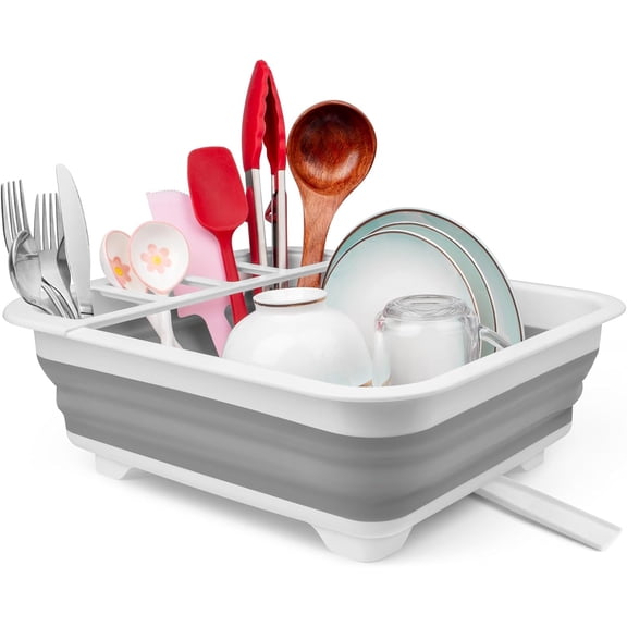 Collapsible Dish Drying Rack with Drain Plug Tube, Portable Dish Drainers for Kitchen Counter, Folding Dish Rack Over Sink Drying Dinnerware,Kitchen Sink Organizer Travel Trailer RV Camping