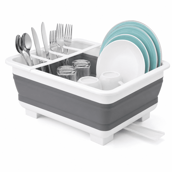 Collapsible Dish Drying Rack for Kitchen Counter, Foldable Dish Drainer with Drainboard, Utensil Holder and Plate Slots, Space Saving, Gray