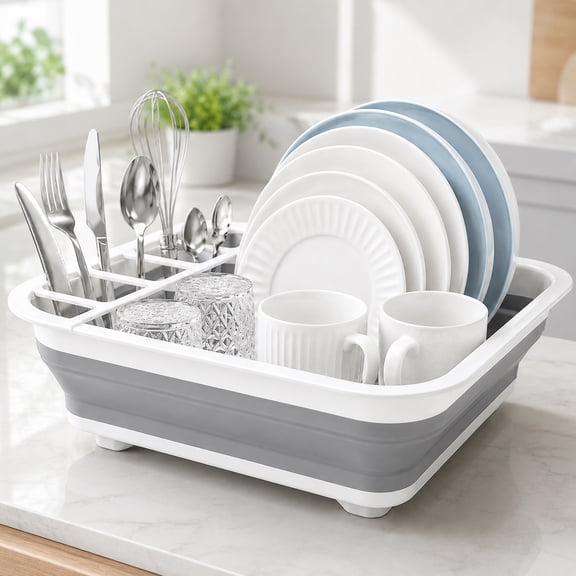 Collapsible Dish Drying Rack for Kitchen Counter, Foldable Dish Drainer with Removable Dividers, Space Saving Dish Rack for RV Camping Apartment, Gray