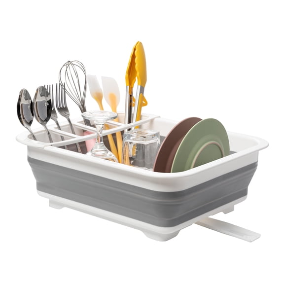 Collapsible Dish Drying Rack, Pop Up Dinnerware Drainer, Portable Plate Organizer for Kitchen RV Campers Travel Trailer, Space Saving Kitchen Storage Tray Gray,Dish Drying Rack