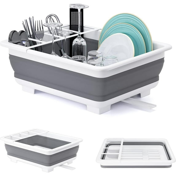 Collapsible Dish Drying Rack Portable Dinnerware Drainer Organizer for Kitchen RV Campers Travel Trailer Space Saving Kitchen Storage Tray,White Gray