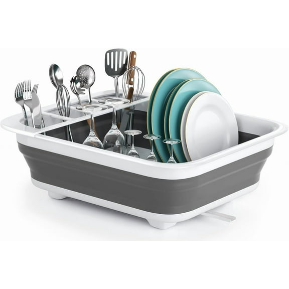 Collapsible Dish Drying Rack for RV Kitchen, Foldable Drainer Organizer for Kitchen Countertop, Space Saving Portable Dish Rack for Campers, Travel Trailer & Small Spaces, Easy Storage, Grey
