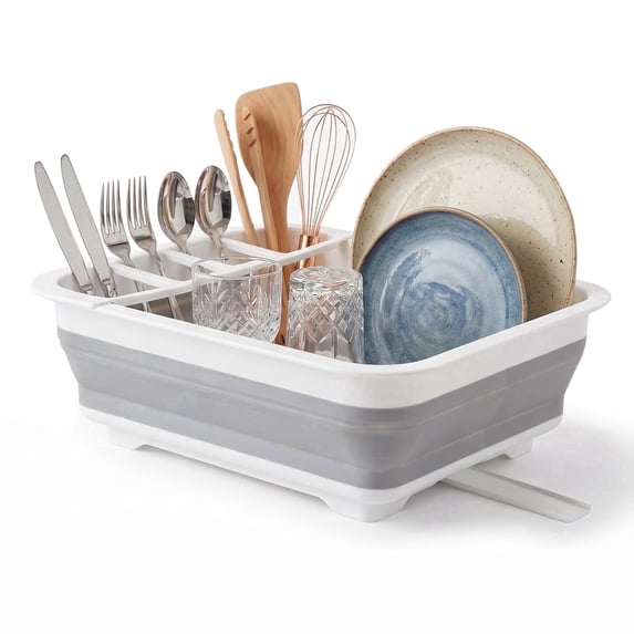 Collapsible Dish Drying Rack – Rustproof Foldable RV Dish Drying Rack with Utensil Holder, 360° Drainage, Space-Saving for Kitchen, Camping, BBQ & Boats