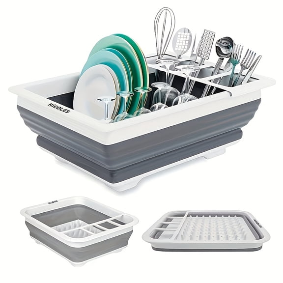 Collapsible Dish Drying Rack with Utensil Holder - Space Saving Plastic Plate Rack for Home, RV, Camping, Travel Trailer & Motorhome, Foldable Kitchen Counter Organizer
