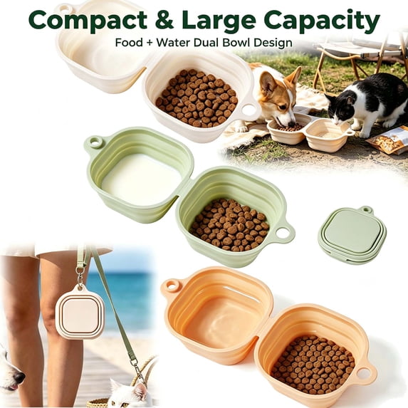 Collapsible Dog Bowls, Integrated Molding Dog Double Bowl, No Plastic Rim 2 in 1 Foldable Pet Food & Water Bowl Cat Feeder Dish for Walking, Hiking,Camping _ White