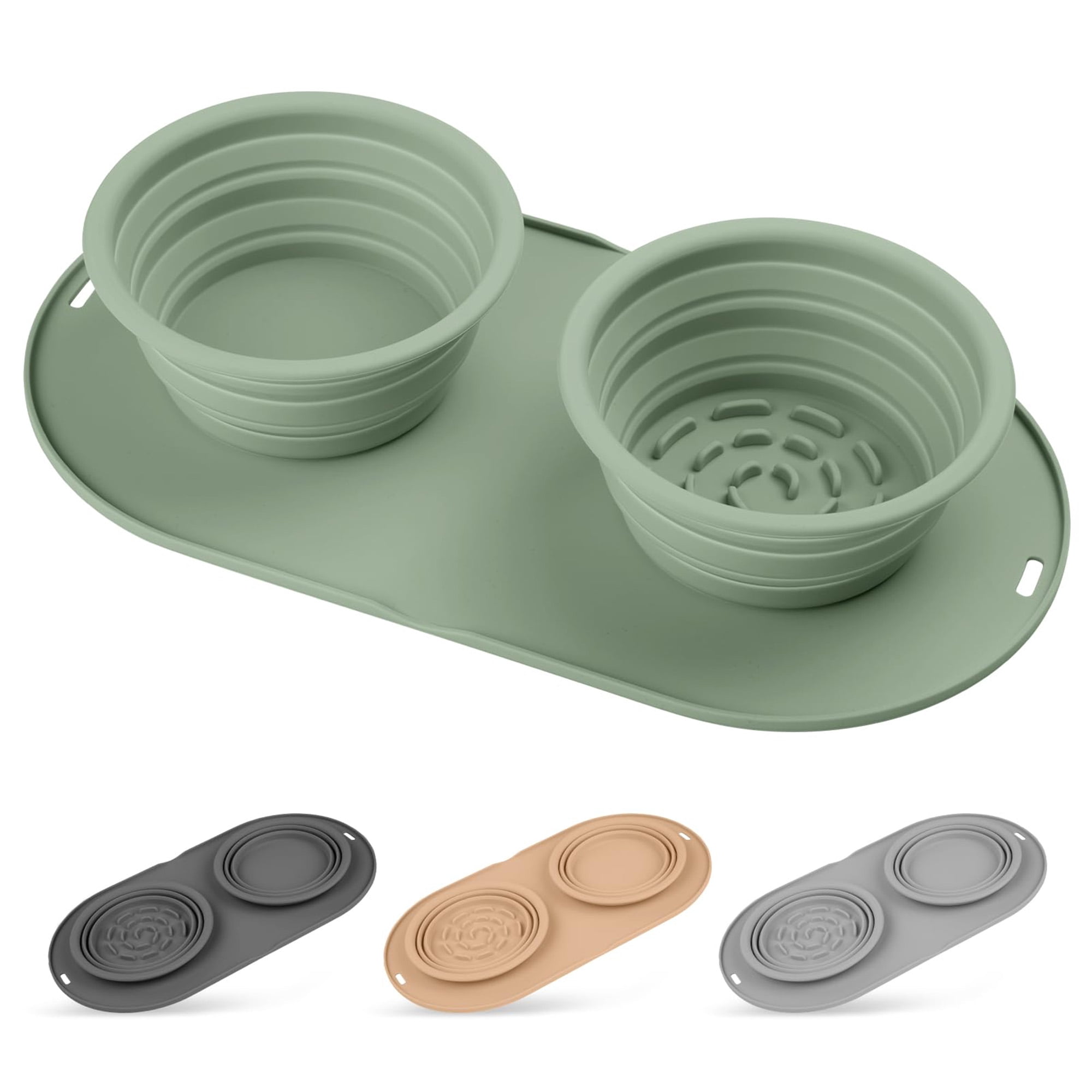 Collapsible Dog Bowls for Trael, No Spill Double Bowl Set for Small Medium Dogs, Slow Feeder Design with Non Slip Base, Portable Pet and Water Containers, Dishwasher Safe, Green