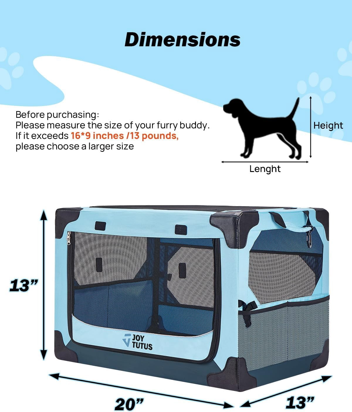 Collapsible Dog Crate 20 Inch Portable  for Car Travel Foldable Soft  Cage for Puppy Small Dogs Blue
