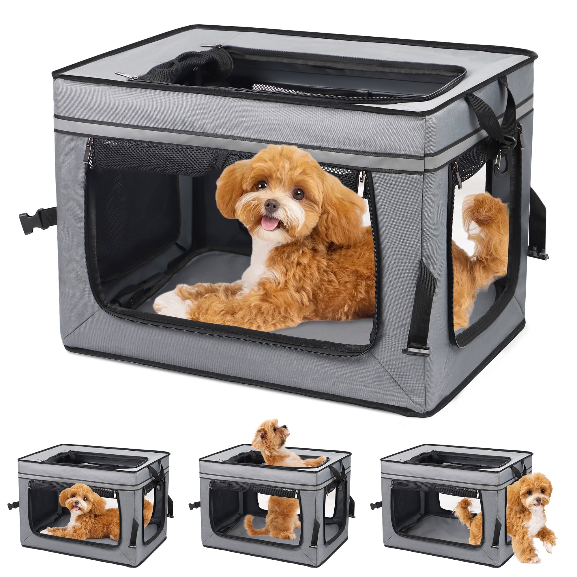 View of Collapsible Dog Crate 22 inch Portable Travel Crate 3 Door Foldable Pet ...