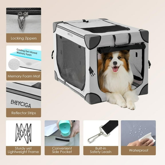 Collapsible Dog Crate 30 Inches, Portable Travel Crate for Medium Dogs, Soft Foldable Pet Kennel with 4-Door Mesh Windows Indoor & Outdoor, Grey