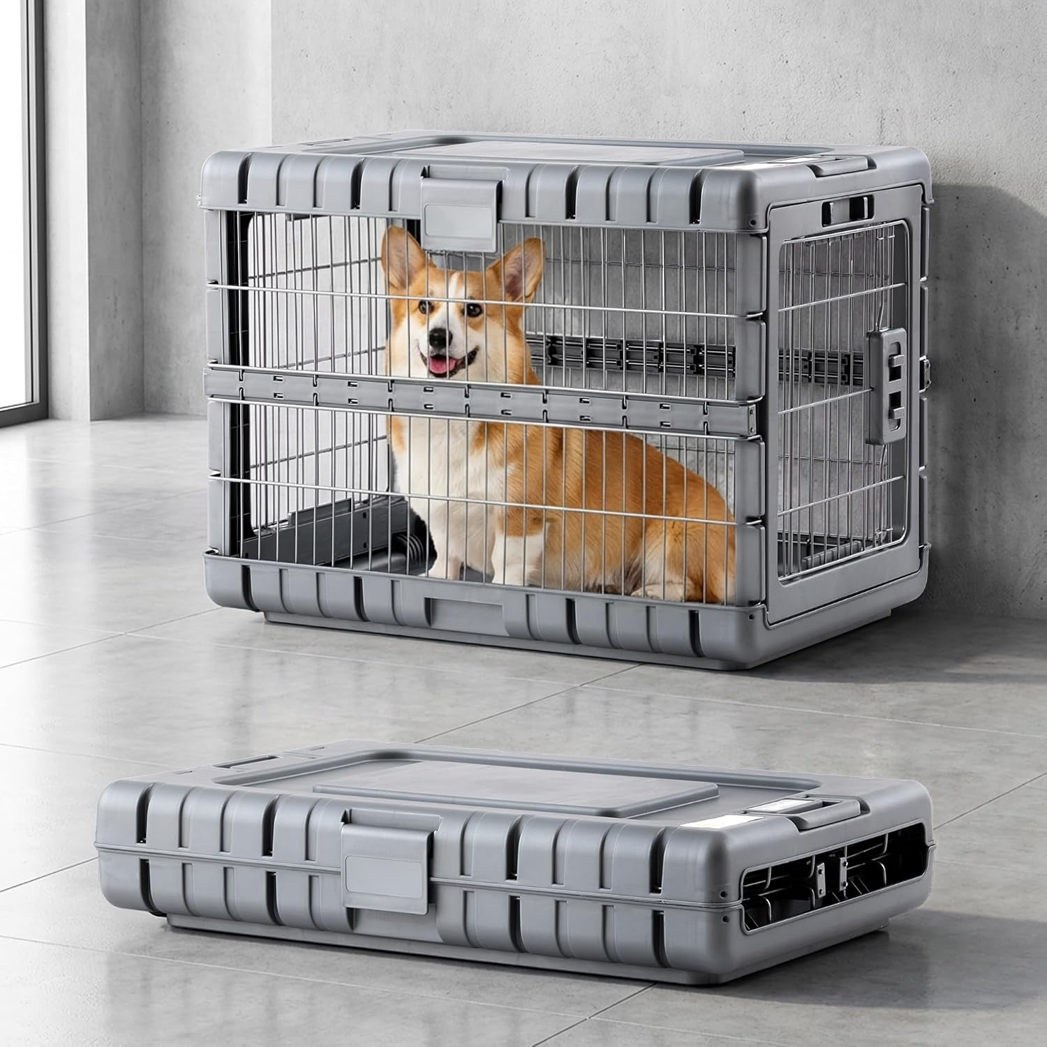 Collapsible Dog Crate for Dogs - 28" L Heavy Duty Dog Kennel No Tools Required with 4 Sides Steel Foldable Cage for Dogs Indoor Furniture, Portable Carrier with 2 Smooth Wheels, Gunmetal