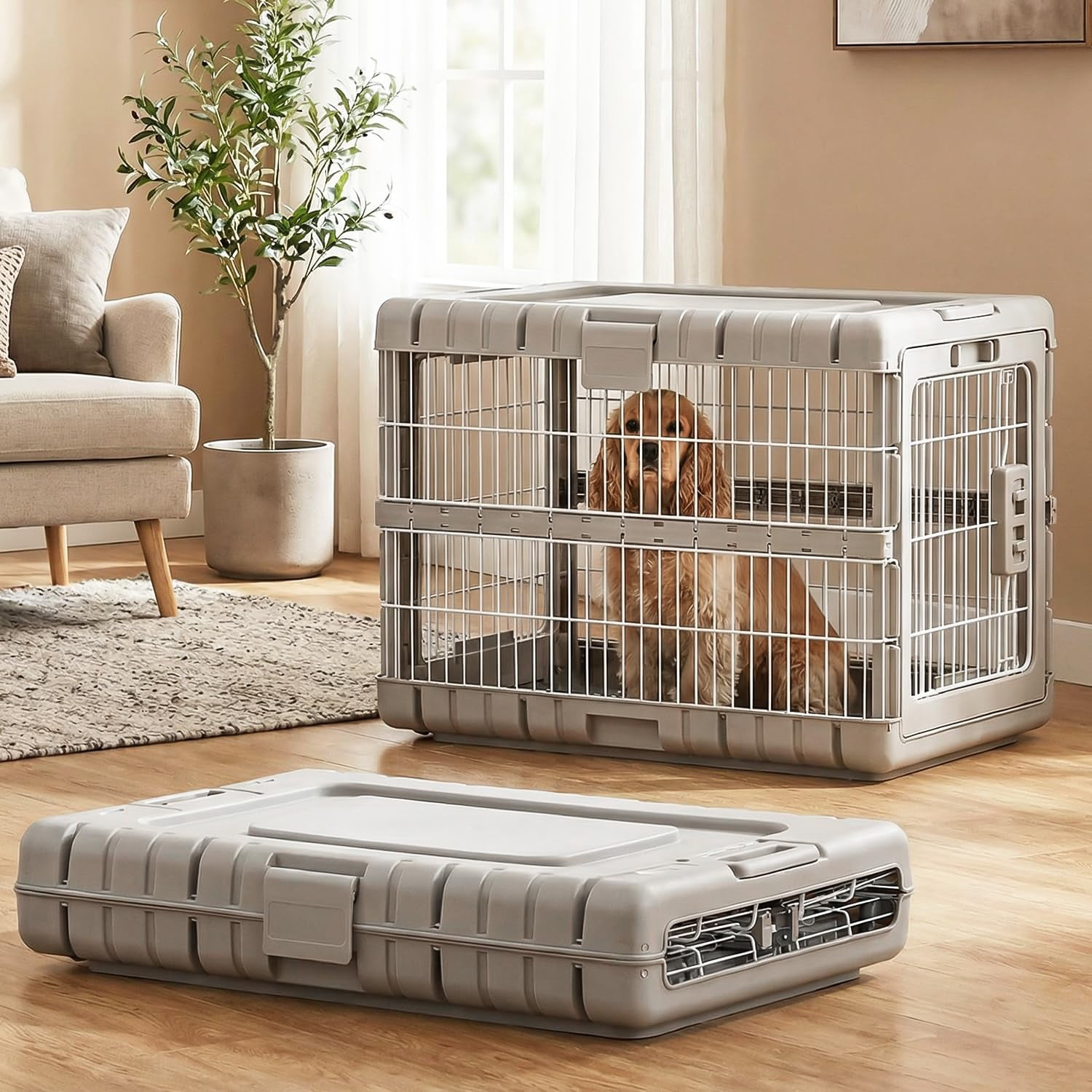 Collapsible Dog Crate For Dogs - 28" L Heavy Duty Kennel No Tools Required With 4 Sides Steel Foldable Cage Indoor Furniture  Portable Carrier 2 Smooth Wheels Beige