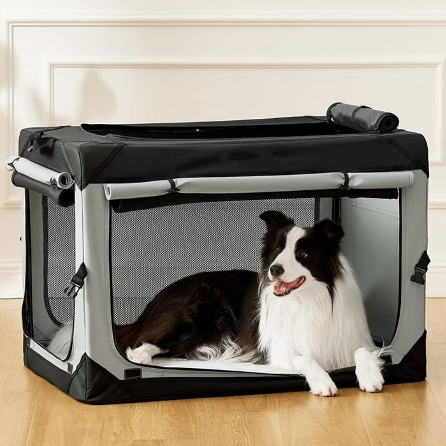 Collapsible Dog Crate for Medium Dogs - 30 Inch Portable Dog Travel Crate Soft Sided with Breathable Mesh Windows, Foldable Dog Kennel for Indoor and Outdoor, Grey