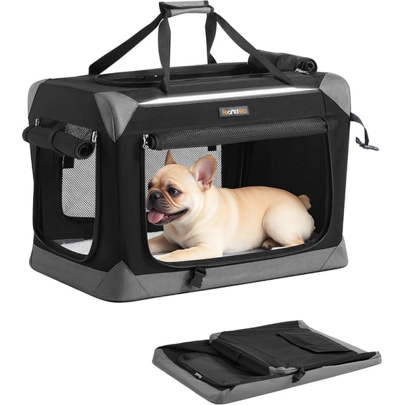 Collapsible Dog Crate, Portable Oxford Fabric Pet Travel Crate with 4 Mesh Doors, Handles, Pocket, 24 Inches, for Small Dogs, Ink Black and Dove Gray