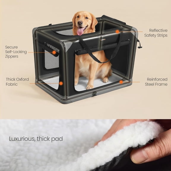 Collapsible Dog Crate, Portable Oxford Fabric Pet Travel Crate with 4 Mesh Doors, Handles, Pocket, 36 Inches, for Large Dogs, Ink Black and Dove Gray