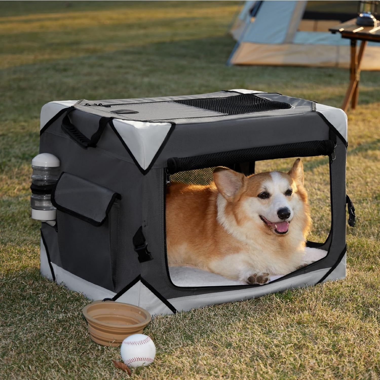 Collapsible Dog Crate - Portable Travel Kennel for Small Dog, 4-Door Pet Crate with Mesh Windows, Indoor & Outdoor, Charcoal Gray