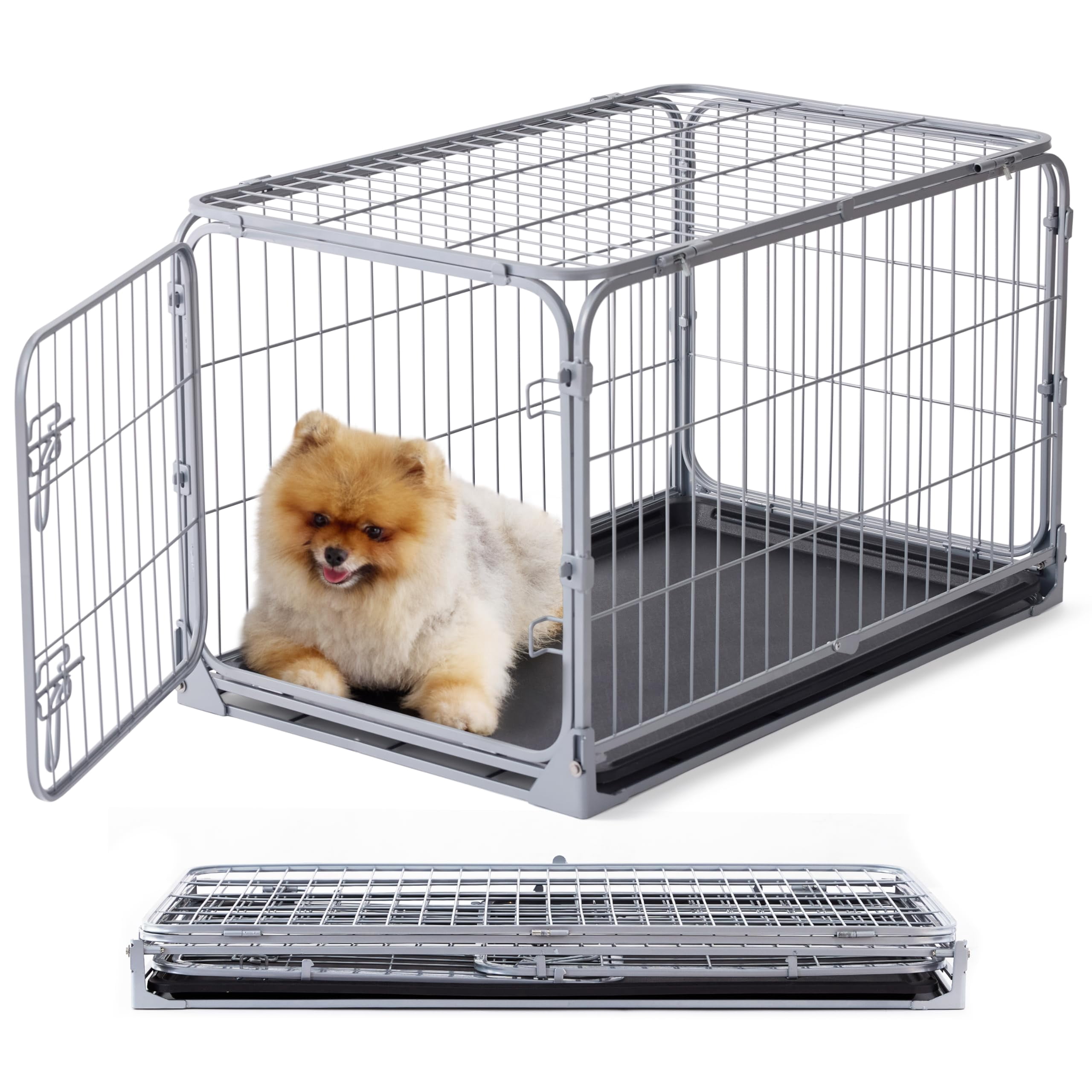 Collapsible Dog Crate For Small Dogs - 30 Inch Escape Proof Metal Kennel With Double Door  Easy Assembly Foldable Cage Removable Tray Indoor Outdoor Use Silver Gray