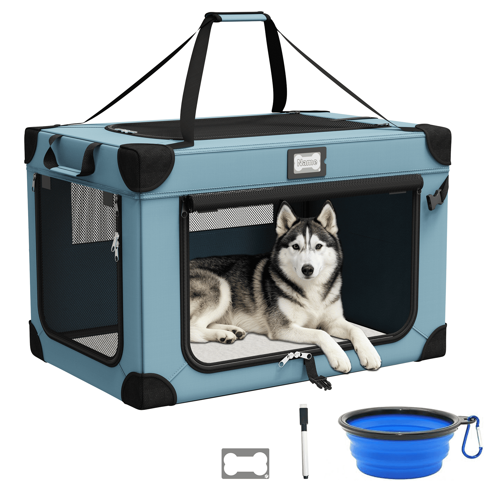 36in Collapsible Dog Crate, Portable Soft Travel Dog Crate with Bowl, Foldable Pet Kennel Carrier, with Signature Card and Pen, Blue