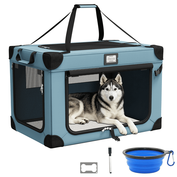36in Collapsible Dog Crate, Portable Soft Travel Dog Crate with Bowl, Foldable Pet Kennel Carrier, with Signature Card and Pen, Blue