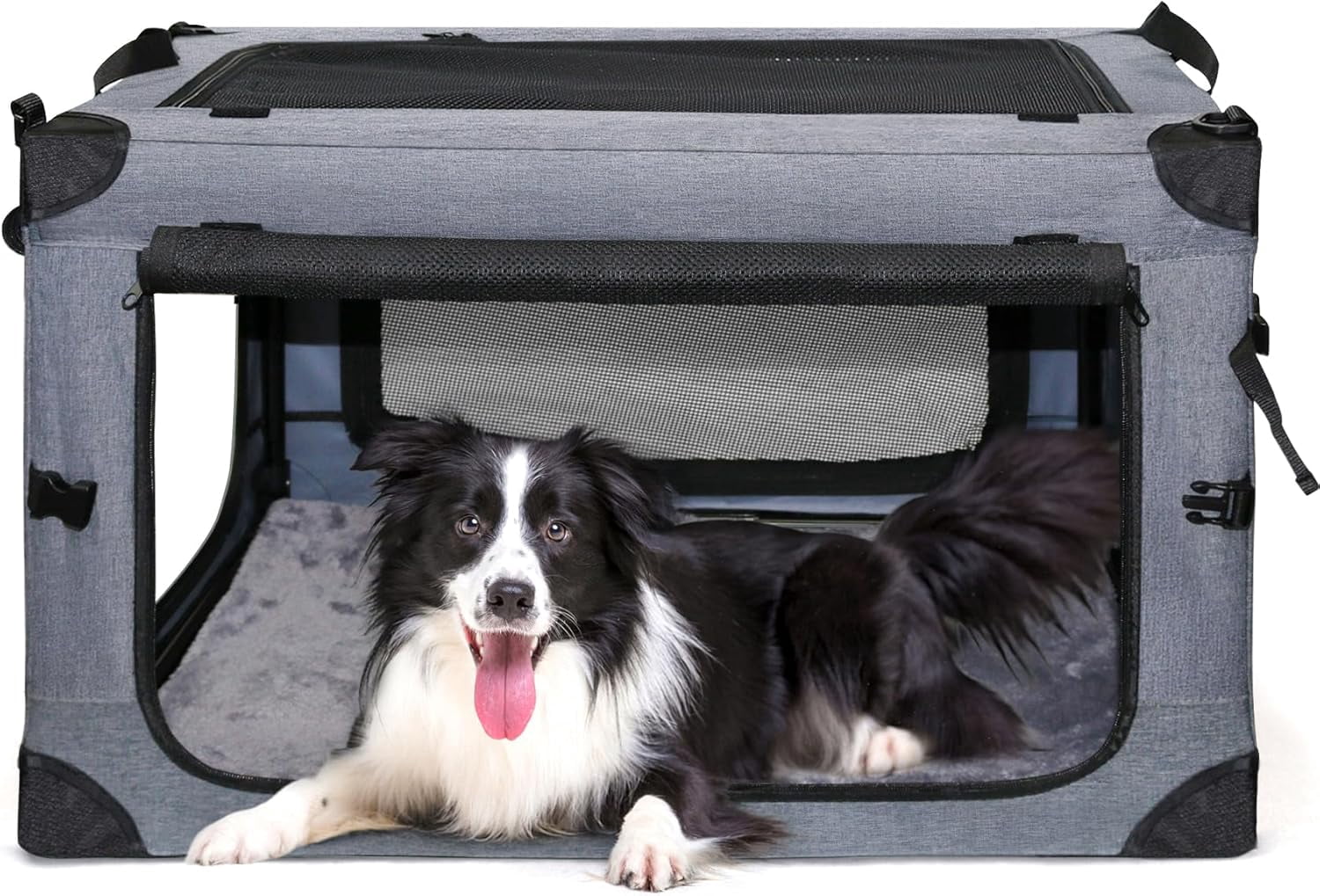 Collapsible Dog Crates for Large Dogs Portable Soft Sided Travel Dog Carrier for Indoor & Outdoor, 4-Door Foldable Pet Kennel with Durable Mesh Windows (Gray, 30.0" L x 20" W x 20.0" H)