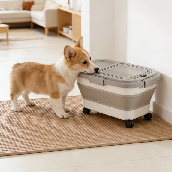 Collapsible Dog Food Storage Container,Pet Food Container with Airtight Lid,Plastic Cat Food Containers Dry Food with Measuring Cup(Gray)