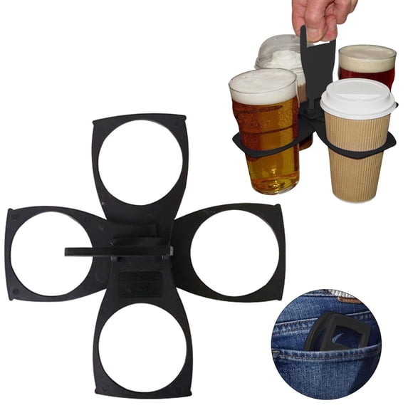 Collapsible Drink Carrier 4 Cup Foldable Cup Holder with Handle, Portable Reusable Travel Beverage Caddy Black