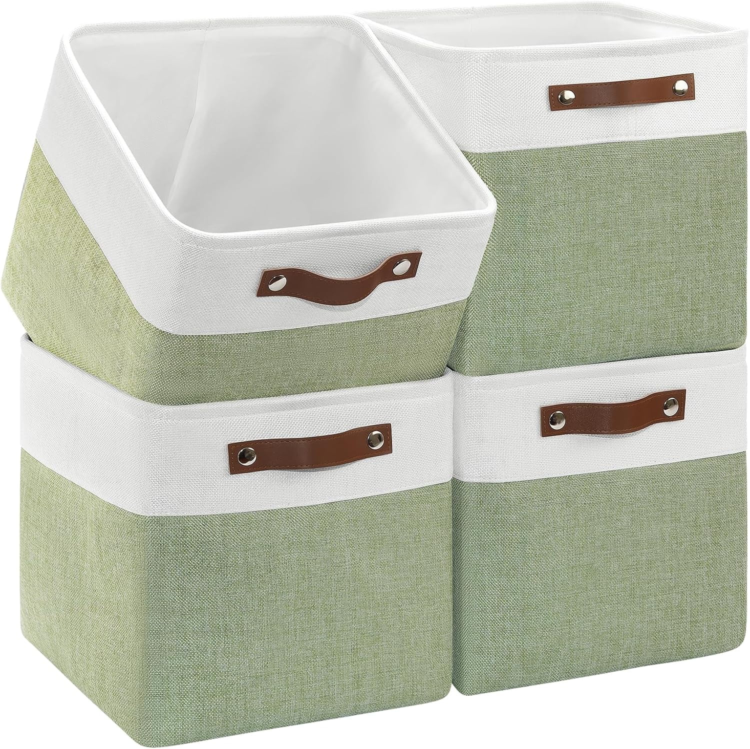 Collapsible Fabric Cube Storage Bins 11x11×11, Pack of 4 Closet Basket Boxes with PU Handles for Organizing Shelves, Toys, Clothes, Home, Office (White & Green)