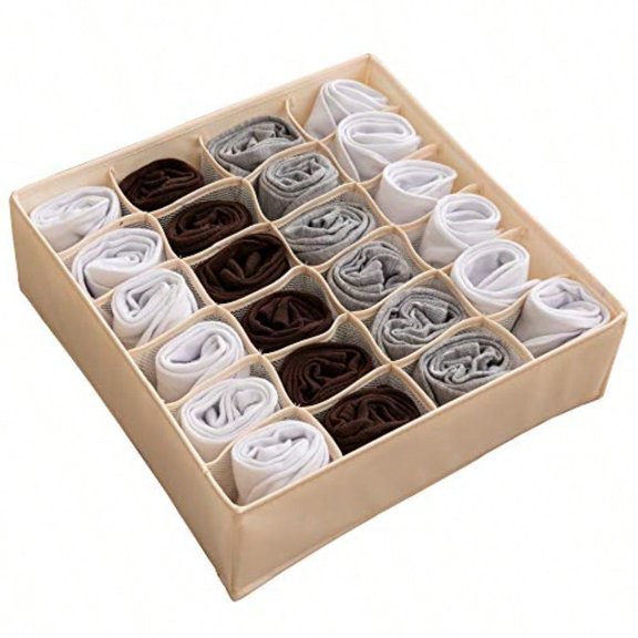 Collapsible Fabric Drawer Organizer DividerCloset Storage Box Bins Containers for Panties Underwear Ties Bras Socks Lingerie Beige-24 Cells