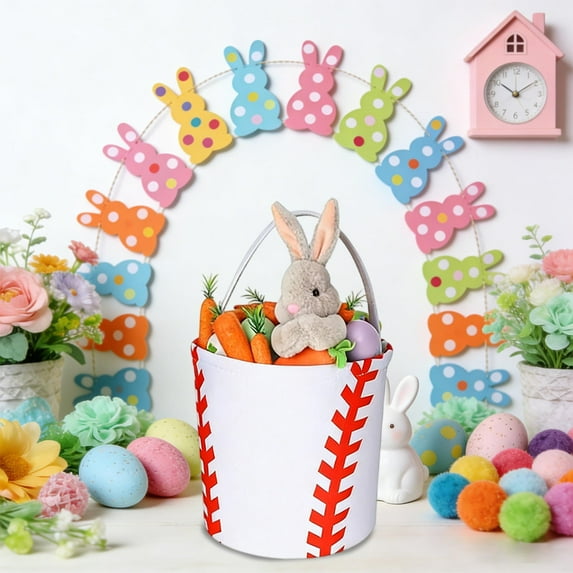 Collapsible Fabric Easter Basket for Ki-ds - Large Bunny Pattern Easter Bag for Egg Hunts, Party Favors, Candy Storage & Holiday Decor