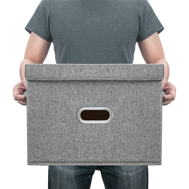 Collapsible Fabric Storage Bin With Handle Lid Foldable Box Linen Large Container Organizer For Home Clothes Storage, Coffee