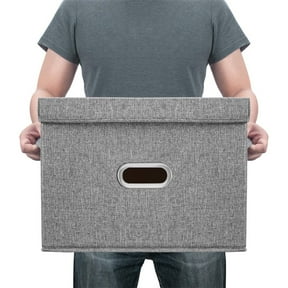 Collapsible Fabric Storage Bin With Handle Lid Foldable Box Linen Large Container Organizer For Home Clothes Storage, Gray