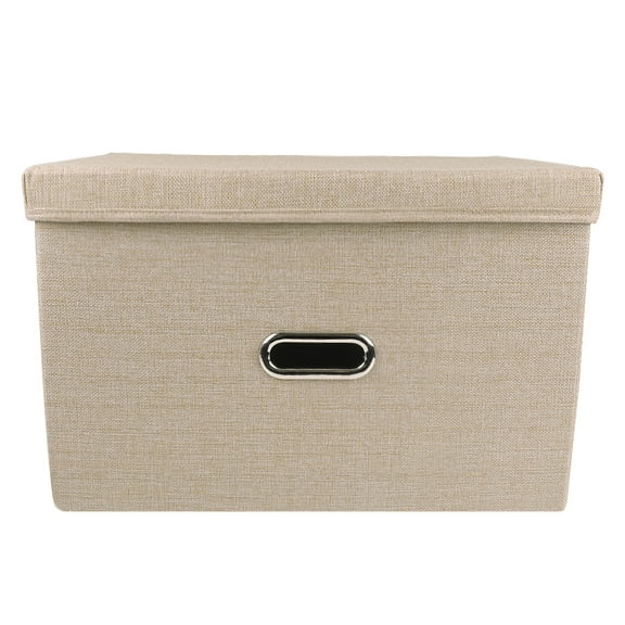 Collapsible Fabric Storage Bin With Handle Lid Foldable Box Linen Large Container Organizer For Home Clothes Storage, Khaki