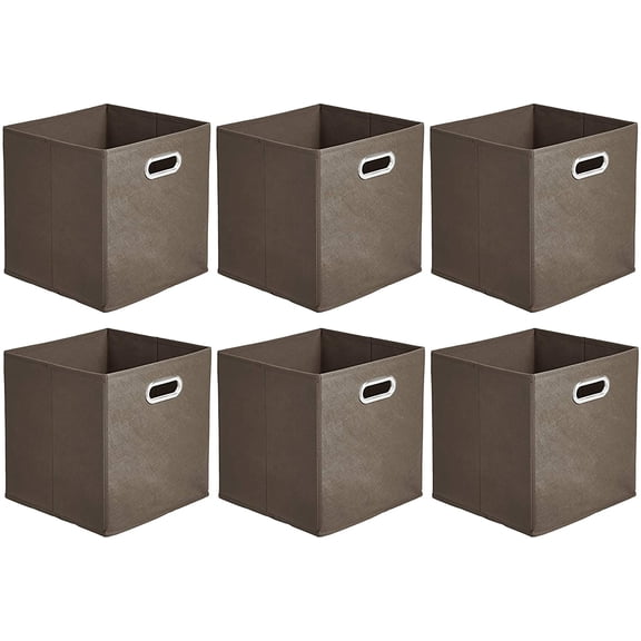 Collapsible Fabric Storage Bins with Handle, Sturdy Space-Saving Cube Organizer, 10.5" x 10.5" x 11", Taupe, 6-Pack