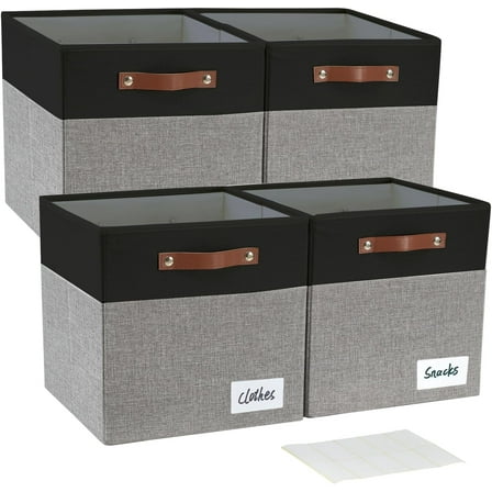 Collapsible Fabric Storage Cube Bins with 2 Reinforced PU Handles, Foldable Storage Organizer Baskets for Closet, Shelves, Living Room | 11"x11"x11", 4 Pack, Gray & White