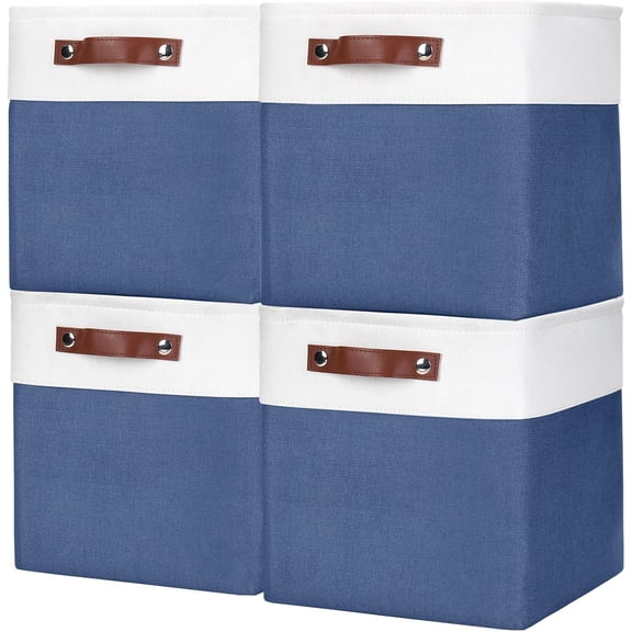 Collapsible Fabric Storage Cubes 11x11 Cube Storage Bins, 4 Pack Closet Baskets Box with Handles for Organizing, Shelf, Toys, Clothes, Home, Office, Nursery (Navyblue&White)