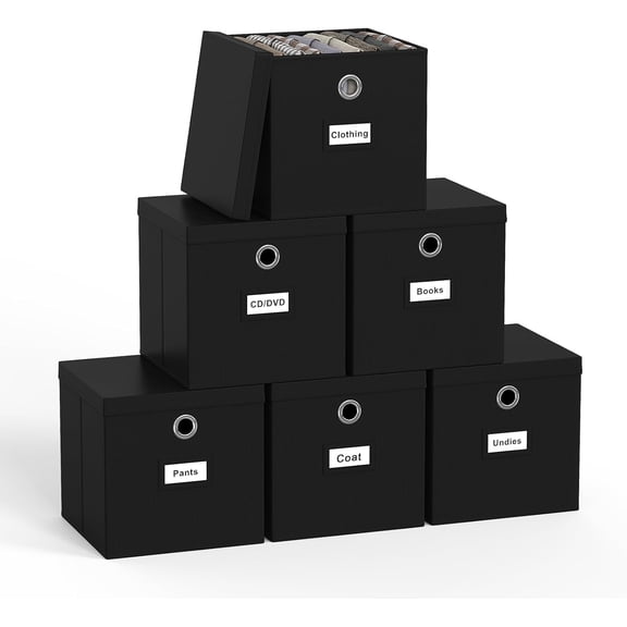 Collapsible Fabric Storage Cubes with Lids, Foldable Cube Storage Bins for Closet Organzier, Lidded Home Storage Boxes with Label Cards, 6-Pack, Black (111111 inches)