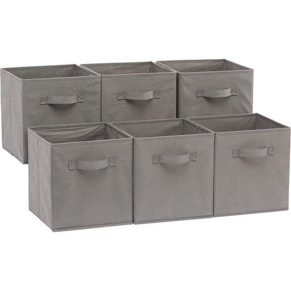 Collapsible Fabric Storage Cubes Organizer with Handles, Sturdy, Foldable, Space-Saving, 10.5"x10.5"x11", Gray, 6-Pack