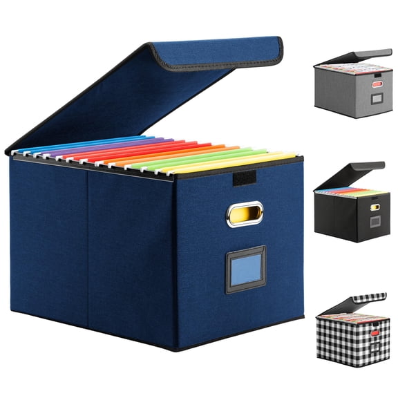 Collapsible File Box with Lid & Plastic Slide - Hanging Document Organizer for Office/Home, 14.96x12.6x10.83 Inch,Decorative Home File Bin,Black, 1 Pack (No Folders Included)