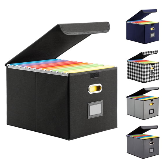Collapsible File Box with Lid & Plastic Slide - Hanging Document Organizer for Office/Home, 14.96x12.6x10.83 Inch,Decorative Home File Bin,Black, 1 Pack (No Folders Included)