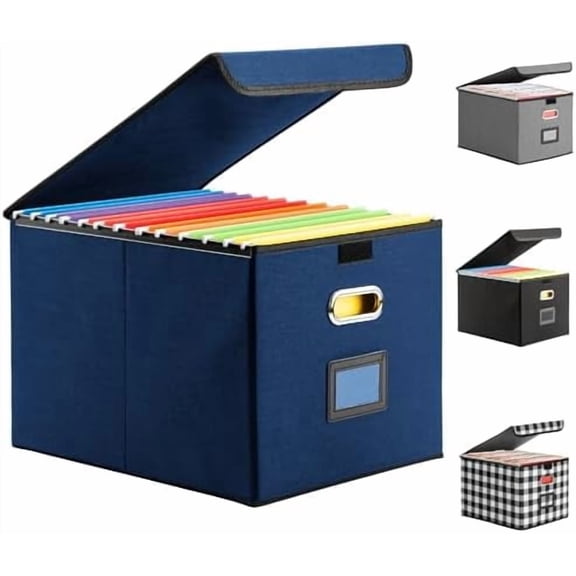 Collapsible File Box with Lid & Plastic Slide - Hanging Document Organizer for Office/Home, 14.96x12.6x10.83 Inch,Decorative Home File Bin,Blue, 1 Pack (No Folders Included)