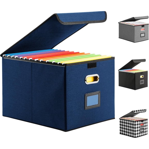 Collapsible File Box with Lid & Plastic Slide - Hanging Document Organizer for Office/Home, 14.96x12.6x10.83 Inch,Decorative Home File Bin,Blue, 1 Pack (No Folders Included)