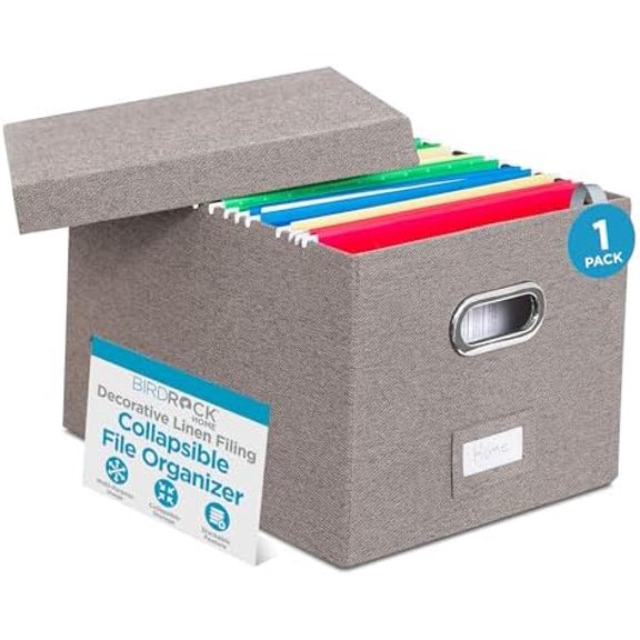 Collapsible File Box Storage Organizer with Lid - Decorative Linen Filing & Storage Office Boxes – Hanging Letter/Legal Folder – Home Office Bins Cabinet – Grey Container - 1 Pack