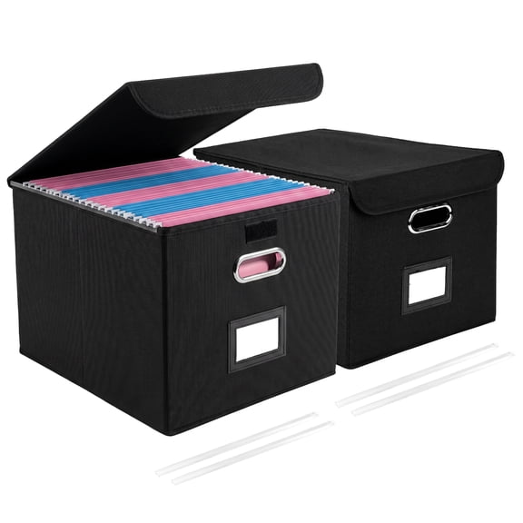 Collapsible File Organizer Bins with Lid & Plastic Slide, Hanging File Folder Box for Office Storage, 2 Pack, Black