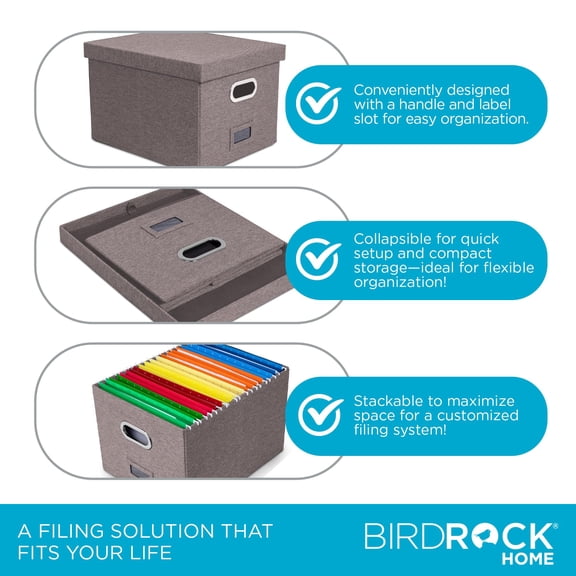 Collapsible File Storage Box with Lid, Decorative Linen Organizer for Letter Legal Folders, Office Home Filing Cabinet Container, Stackable Portable, Grey, 2 Pack